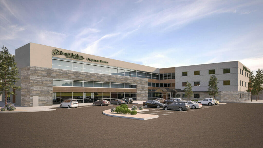 Exterior rendering of Summit Outpatient Pavilion with cars in the parking lot