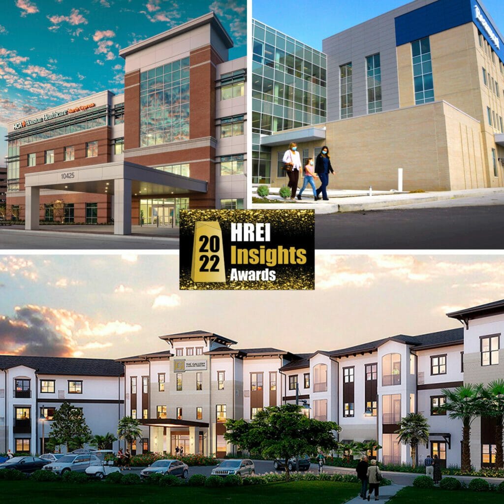 Collage image of Healthcare Real Estate Insights™ magazine’s annual awards program honorees — two medical facilities and one seniors housing community NexCore Group recently developed in Houston, TX; Livonia, Mich.; and Port Orange, Fla.