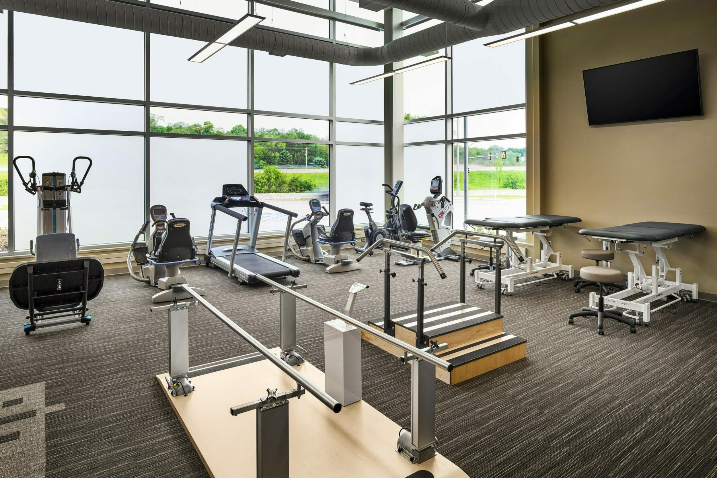 Physical therapy room, exercise equipment