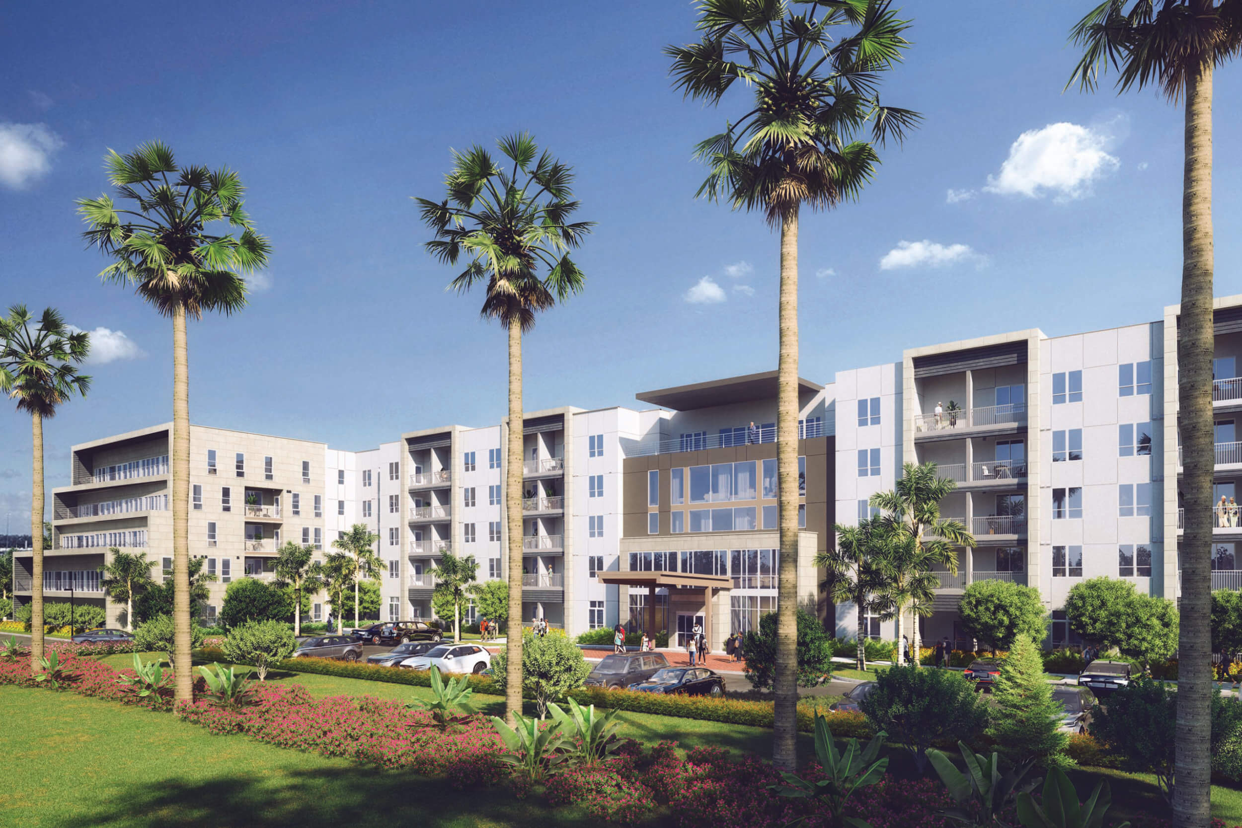 Rendering of exterior of The Gallery at Cape Coral independent living community with palm trees and parking lot in front of white and brown building