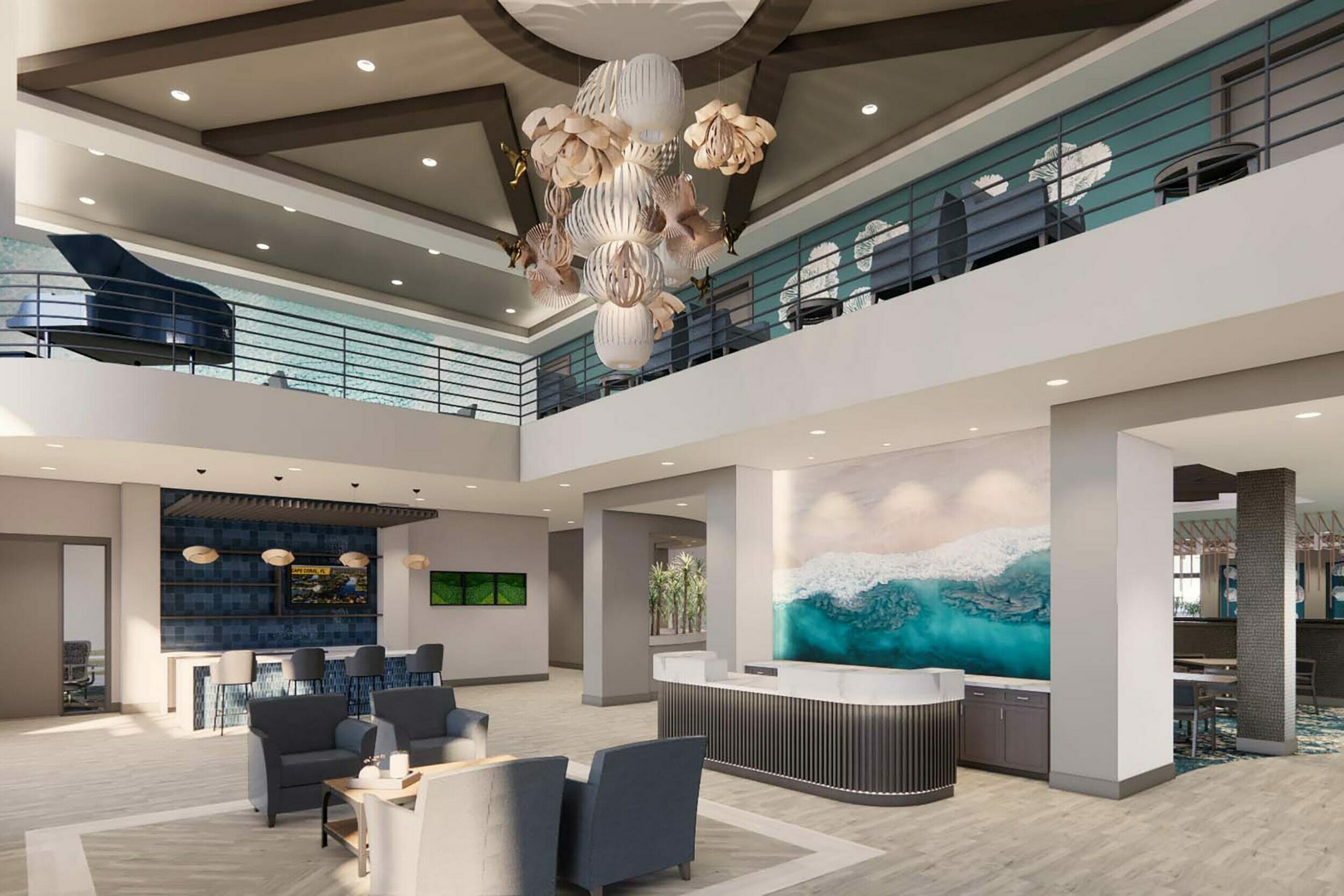 Rendering of independent living lobby and front desk with white and light gray finishes with pops of blue and beachy accents