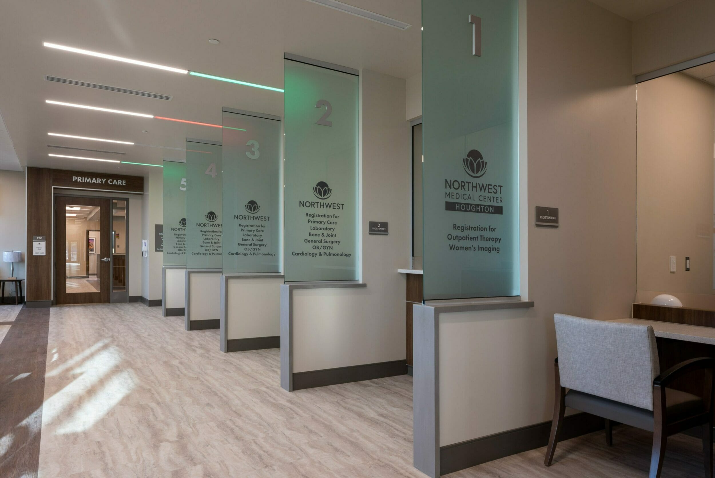 Registration area for various types of outpatient and primary care in Houghton medical office building