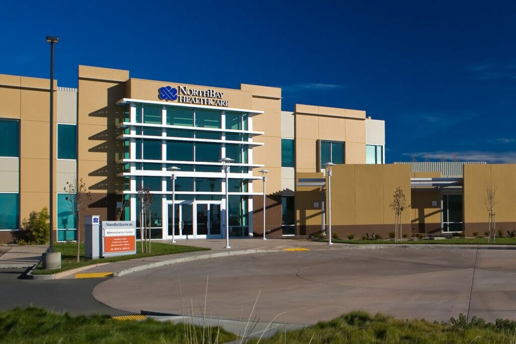 Zoomed out view of NorthBay Healthcare with a view of the driving circle in front of the main entrance