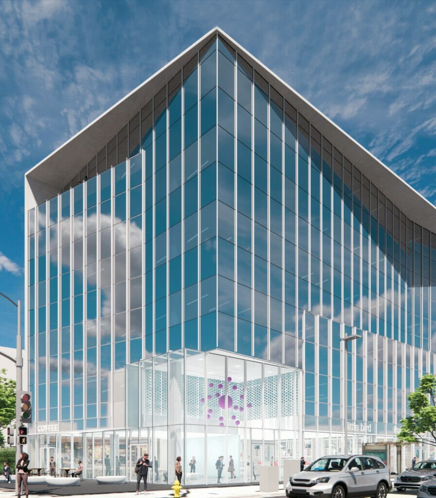 An exterior rendering of a tall glass building with people walking in front of it