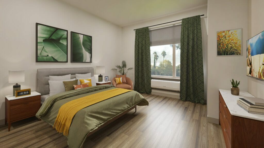 An interior view of a bed room at rendering Stellar Senior Living.