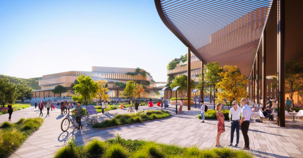 Rendering of the outdoor Glo Park courtyard at midday with people engaging in activity throughout the space.