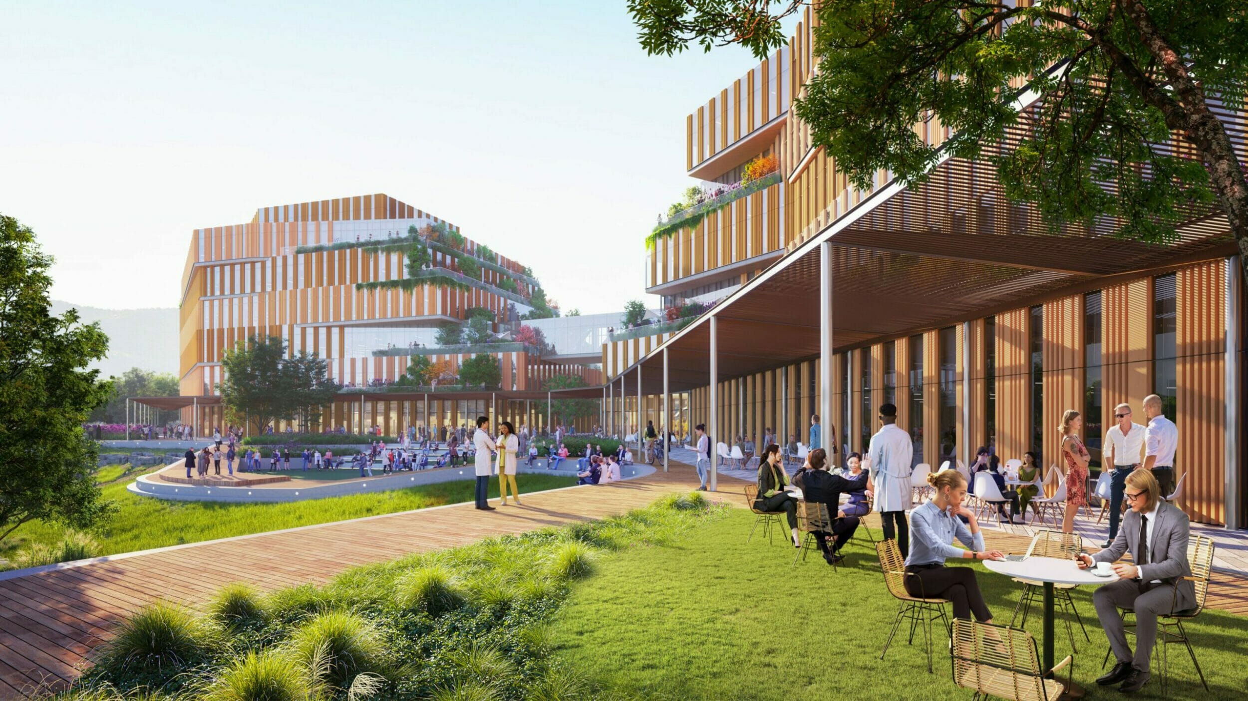 Exterior rendering of the ground level of glopark with people sitting on tables outside and walking around.