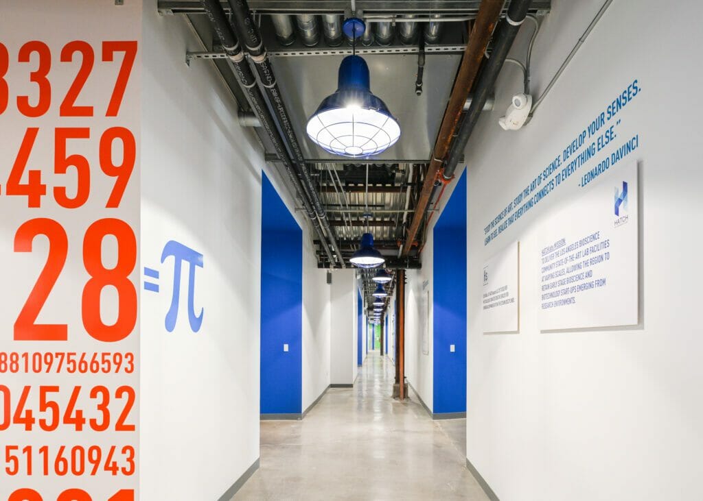 Hallway at Hatch at Alhambra showing the numbers of pi, grey walls and blue accented color hallways