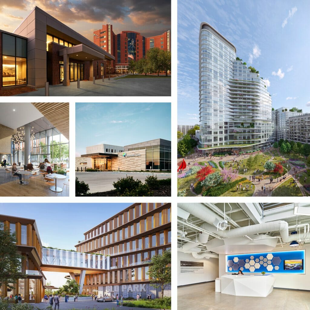 Collage of projects NexCore has supported or developed, including healthcare, science and technology, and senior living buildings.