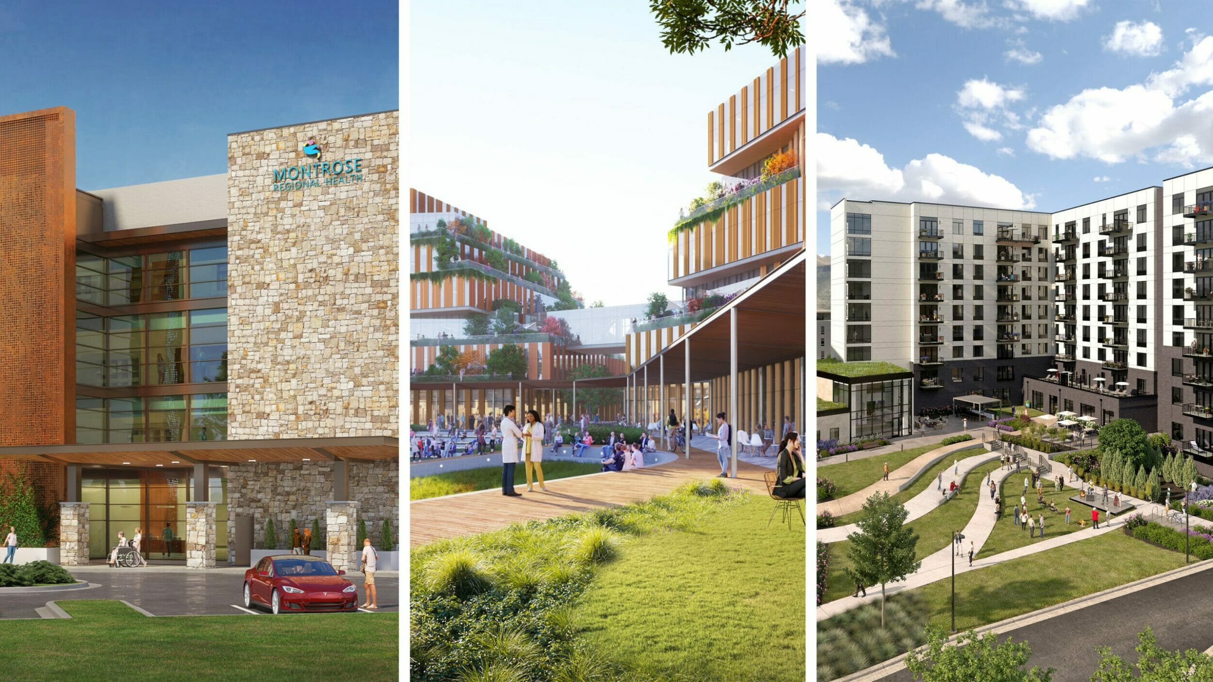 Three separate building renderings of Montrose Regional Health, Glo Park, and Lone Tree combined to be featured in one image