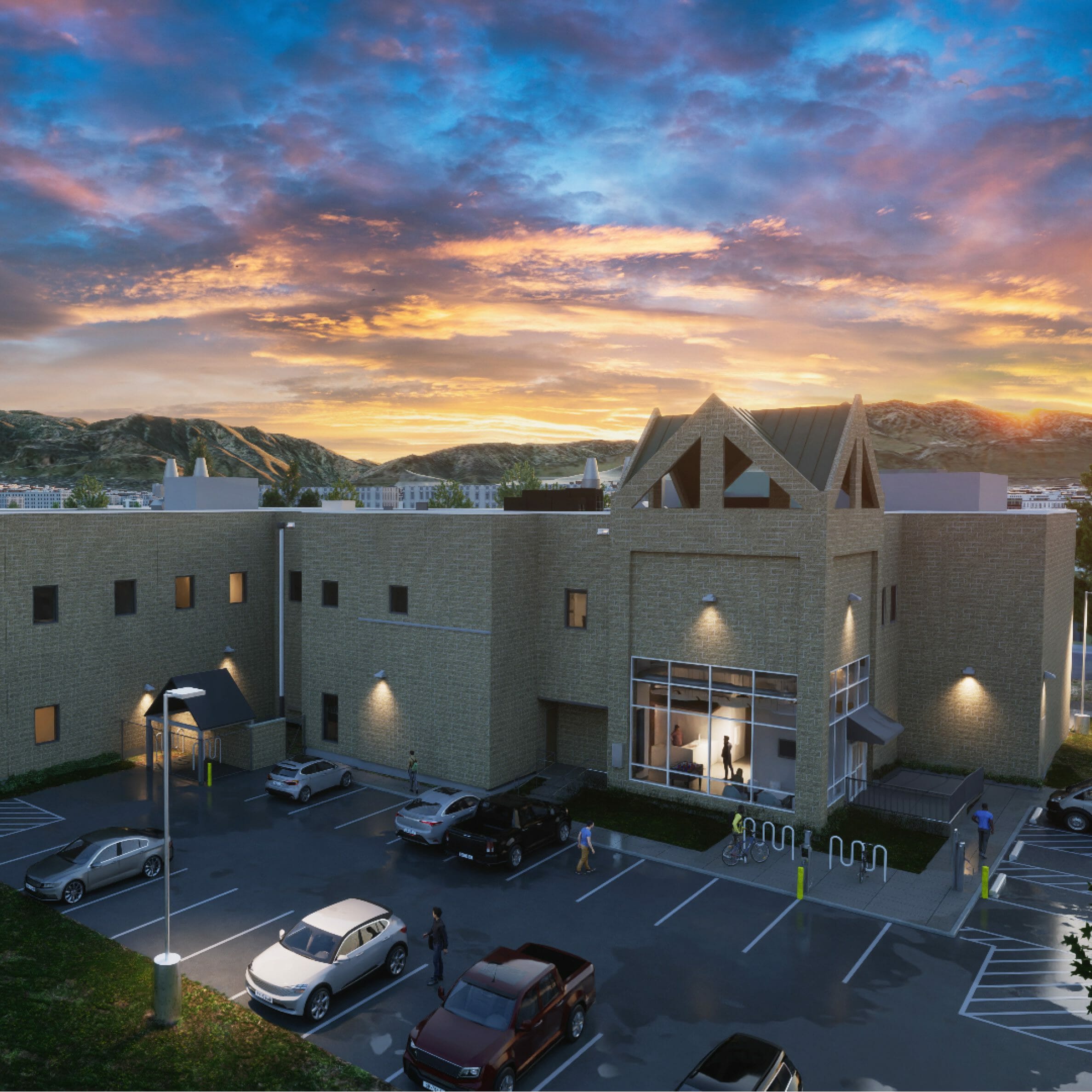 Exterior rendering of two-story Wilderness Labs building with views of the flatirons in the background and parking lot in front of the building