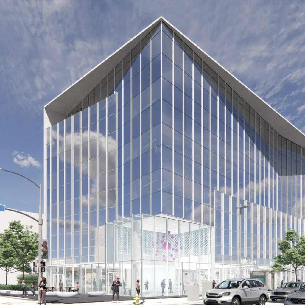 Exterior rendering of Hydrogen I with people inside and outside of the building