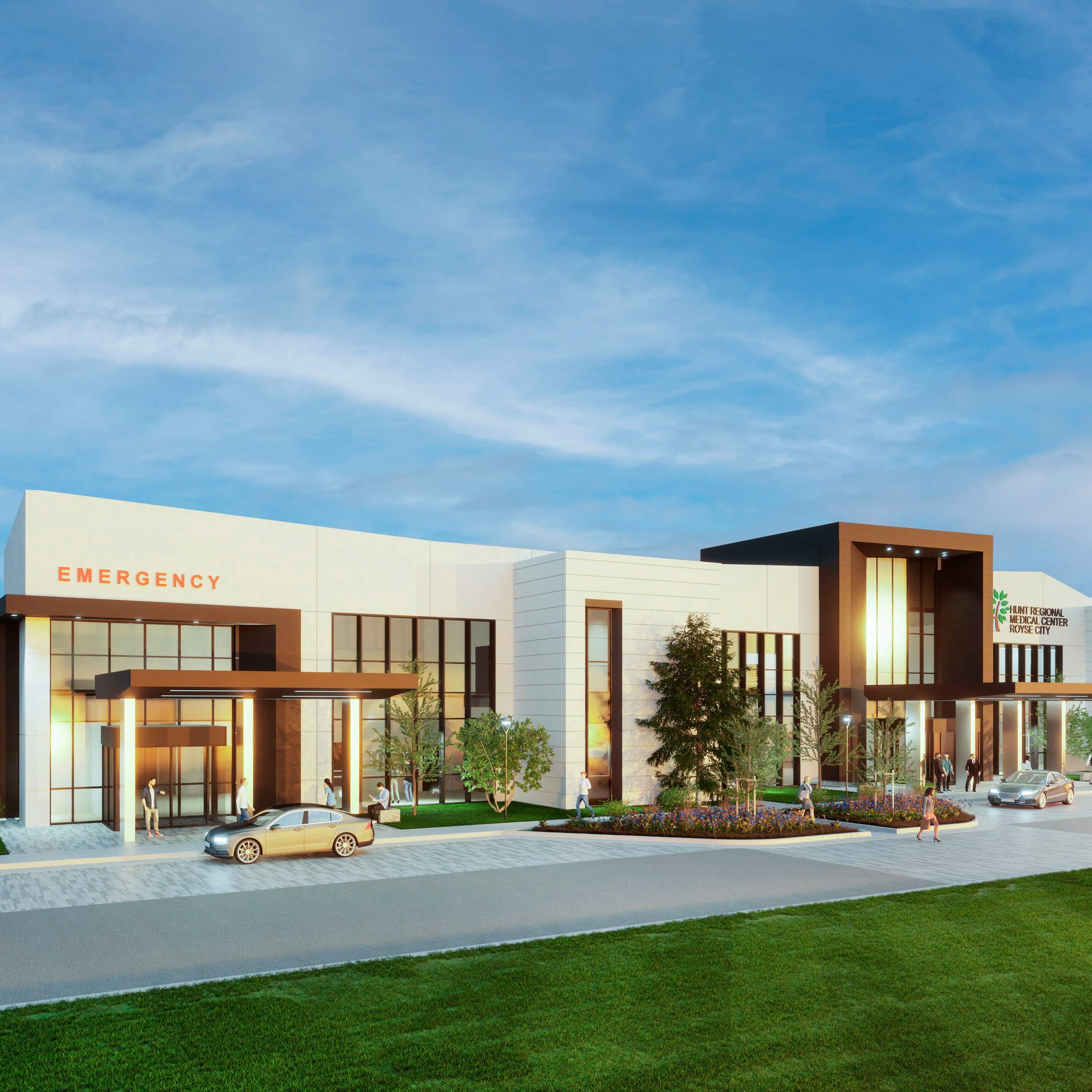Exterior rendering of Hunt Regional Medical Center Royse City building made of white and bronze material with a porte-cochère and stone driveway