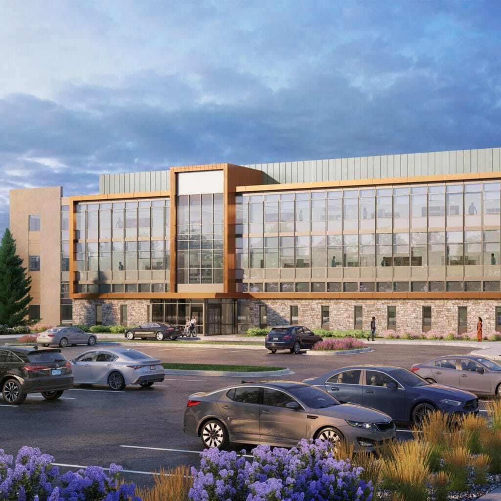 Rendering of the entrance to Intermountain Health Aurora Crossroads with mostly glass windows in the front that is bordered with copper with accents of stone on the first floor and a view of the parking lot
